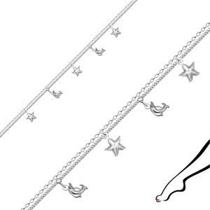 Náramek na kotník z 925 stříbra - zdvojený řetízek, zdobený delfíny a hvězdicemi