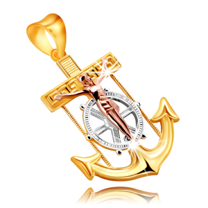 Přívěsek z kombinovaného 14K zlata - námořnická kotva s Ježíšem na kříži