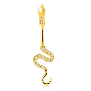 Piercing ze 14K zlata do bříška - lesklý vlnící se had, ocas ozdobený blýskavými zirkony