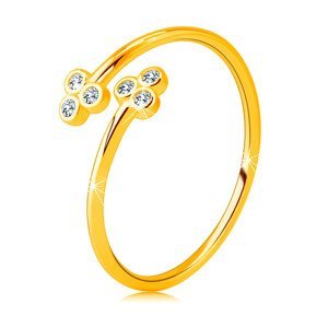 Zlatý 585 prsten s úzkými rameny - dva trojlístky s čirými kulatými zirkony - Velikost: 52