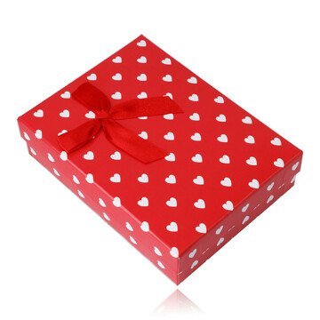 Červená dárková krabička na set nebo náhrdelník - bílá srdíčka, ozdobná mašlička