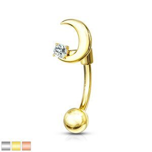 Ocelový piercing do obočí - půlměsíc s drobným kulatým krystalkem, vsazený do kotlíku - Barva: Zlatá