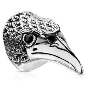 Ocelový prsten, hlava orla - černé zirkony, rýhované patinované peří stříbrné barvy - Velikost: 63