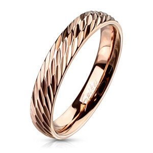 Ocelový prsten v měděném odstínu - hluboké diagonální zářezy, 4 mm - Velikost: 49