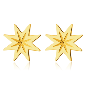Náušnice ze 14K zlata - osmicípá hvězdička s rýhováním, lesklý hladký povrch, puzetky