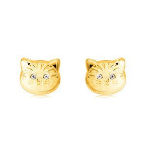 Zlaté 14K náušnice - hlava kočičky s kulatýma zirkonovýma očima