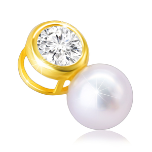 Zlatý 14K přívěsek - kulatý třpytivý zirkon, hladká bílá sladkovodní perla