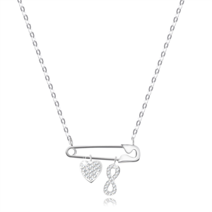 Stříbrný 925 náhrdelník - spínací špendlík s přívěsky ve tvaru srdce a vzor Infinity, čiré zirkony