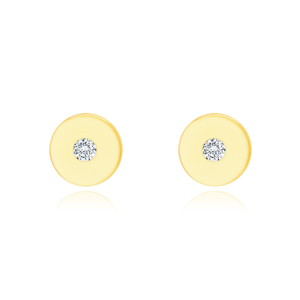 Náušnice ze 14K žlutého zlata - plochý kroužek s čirým zirkonem, lesklý a hladký povrch