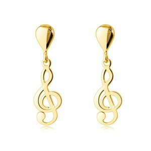 Náušnice ze 14K zlata - hudební motiv, houslový klíč, slzička, hladký a lesklý povrch