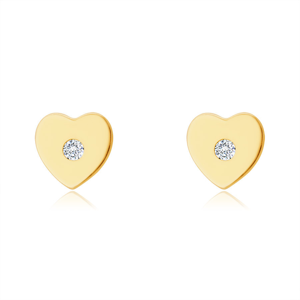 Diamantové náušnice ze 14K žlutého zlata - srdíčko s drobným briliantem