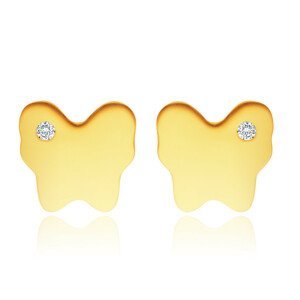 Diamantové náušnice ze 14K žlutého zlata - motýlek s drobným čirým briliantem