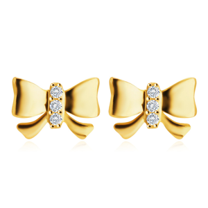 Diamantové náušnice ve žlutém 14K zlatě - mašle s vykládaným středem, brilianty