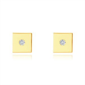 Diamantové náušnice ze 14K žlutého zlata - hladký lesklý čtvereček, drobný briliant