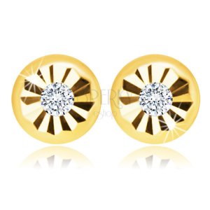 Diamantové náušnice ze žlutého 14K zlata - kulatý kvítek, čirý briliant, puzety
