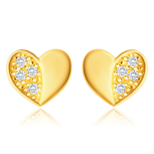 Diamantové náušnice ze žlutého 585 zlata - srdíčko s lesklou a briliantovou polovinou