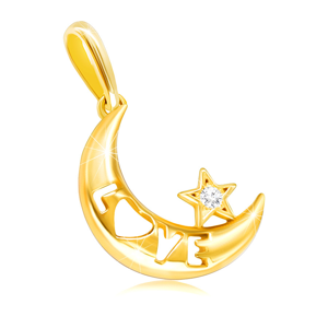 Diamantový přívěsek ze žlutého 9K zlata - měsíc s nápisem "LOVE", čirý briliant, hvězdička