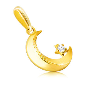 Diamantový přívěsek ze 14K žlutého zlata - půlměsíc s hvězdičkou, třpytivý briliant
