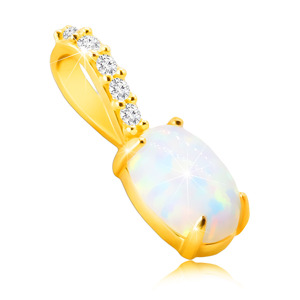 Diamantový přívěsek ze žlutého 14K zlata - oválný syntetický opál, duhové odlesky, brilianty