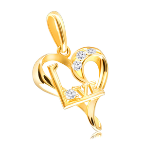 Diamantový přívěsek ze žlutého 14K zlata - srdce s nápisem "LOVE", čiré brilianty