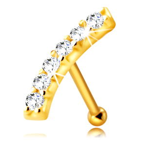 Diamantový piercing do nosu ze žlutého 14K zlata, rovný - zaoblený pásek s čirými brilianty