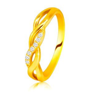 Lesklý prsten ze 14K žlutého zlata - propletené vlnky, briliantová linie - Velikost: 51