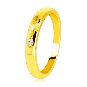 Diamantový prsten ve žlutém 585 zlatě - nápis "LOVE" s briliantem, hladký povrch, 1,6 mm - Velikost: 49