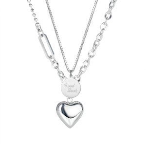 Dvojitý ocelový náhrdelník, stříbrná barva - známka s nápisem "Good Luck"- mnoho štěstí, srdce