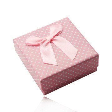 Růžová dárková krabička na prsteny, náušnice nebo přívěsek, bílé tečky, mašlička