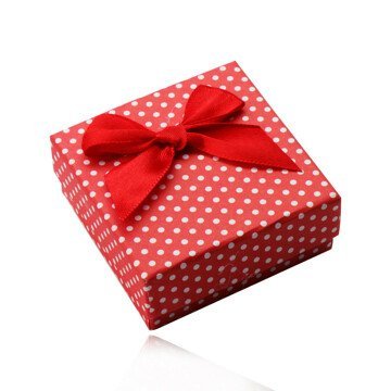 Červená dárková krabička na prsteny, náušnice nebo přívěsek, bílé tečky, mašlička