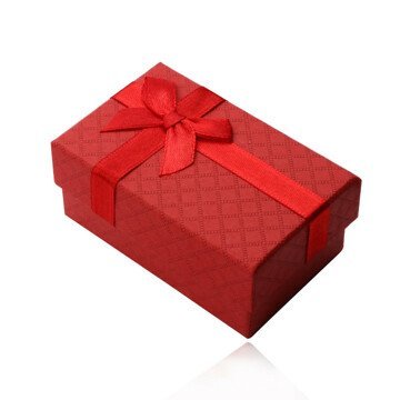 Obdélníková krabička na prsten, přívěsek a náušnice, červený matný povrch, mašlička