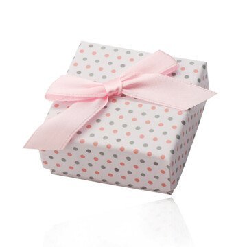 Bílá dárková krabička na prsteny nebo náušnice, růžové a šedé tečky, mašlička