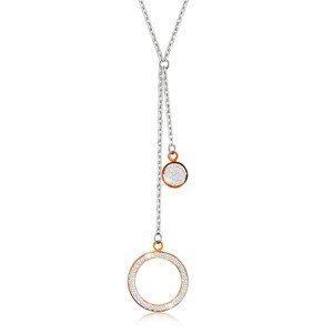 Ocelový náhrdelník - velký obrys kruhu s krystalky, plochý kroužek, přívěsky v měděné barvě