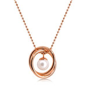 Ocelový náhrdelník v měděné barvě - kuličkový řetízek, dva zkřížené kruhy, perleťová kulička