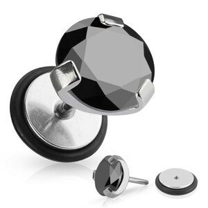Falešný piercing do ucha z chirurgické oceli - kulatý černý zirkon, gumička - Průměr: 6 mm