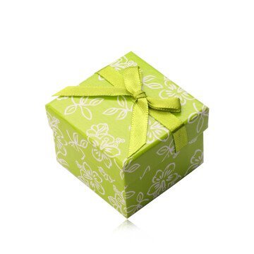 Papírová dárková krabička ve světle zeleném odstínu, zelená stužka s mašlí, kvítky