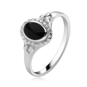 Prsten ze stříbra 925, černý onyxový ovál, kuličky, vysoký lesk - Velikost: 51