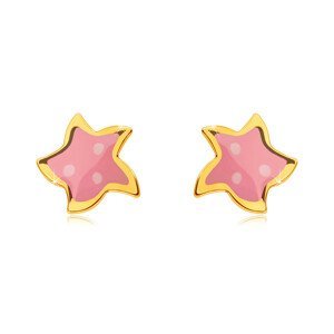 Náušnice ve žlutém zlatě 585 - hvězda s pěti cípy, růžovou glazurou a třemi tečkami