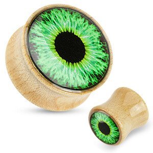 Plug do ucha ze dřeva - světle hnědá barva, průhledná glazura, zelené oko - Tloušťka : 12 mm