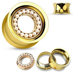 Sedlový tunel do ucha z oceli 316L ve zlatém odstínu, lemovaný bílými perličkami v kruhu - Tloušťka : 16  mm
