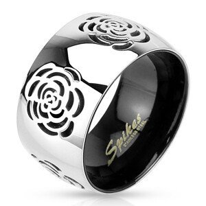 Prsten z oceli 316L, stříbrno-černé barevné provedení, gravírované růže - Velikost: 57