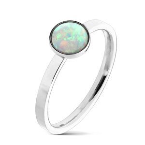 Ocelový prsten stříbrné barvy, syntetický opál s duhovými odlesky, úzká ramena - Velikost: 52