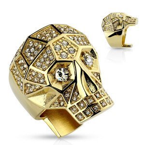 Mohutný prsten z oceli 316L, zlatá barva, lebka, čiré křišťály - Velikost: 70