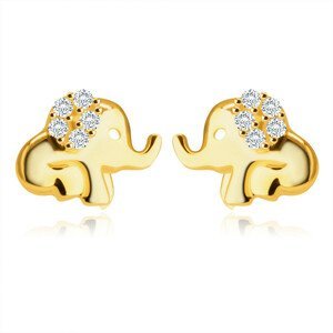 Náušnice ve žlutém 9K zlatě - sedící slon s chobotem, ucho ozdobené kulatými zirkony