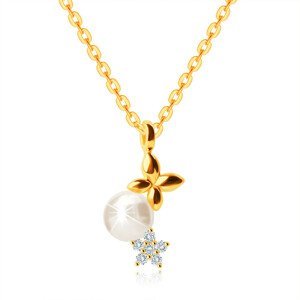 Zlatý 9K náhrdelník - lesklý řetízek ve žlutém zlatě, kulička v perleťové barvě, motýlek, zirkonový květ