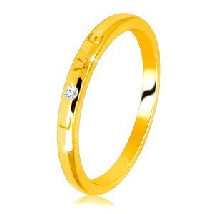 Obroučka ve žlutém 9K zlatě - nápis "LOVE" se zirkonem, hladký povrch, 1,5 mm  - Velikost: 56