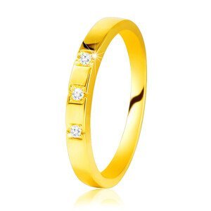 Prsten ze žlutého 585 zlata - lesklá ramena, tři třpytivé zirkony - Velikost: 51