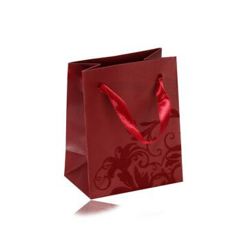 Malá papírová taštička na dárek, matný povrch v bordovém odstínu, sametový ornament