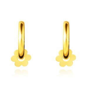 14K zlaté náušnice – kroužky, posuvný zrcadlově lesklý kvítek, 12 mm