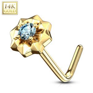 Piercing do nosu z 585 zlata - zahnutý, drobný světle modrý zirkon, hvězdička, 0,8 mm